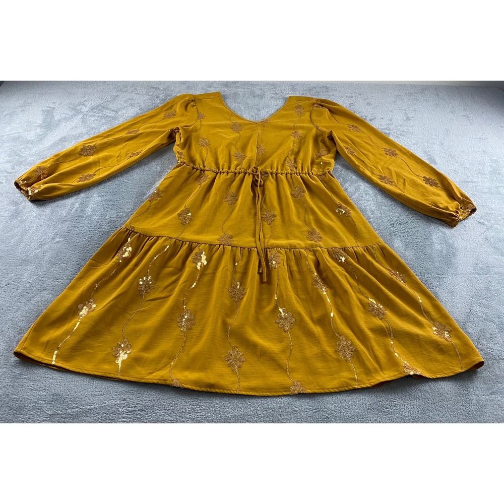 Nina Leonard Mustard Yellow Sequin Floral Tiered V-Neck Dress Womens Medium